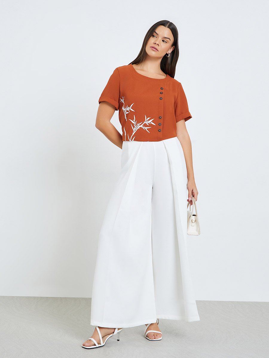 Women Rust Button-Detail Top with Bamboo Print