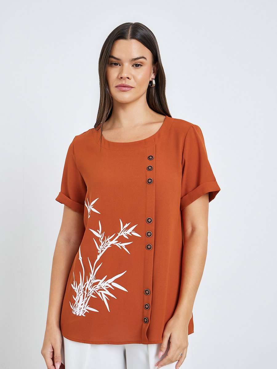 Women Rust Button-Detail Top with Bamboo Print