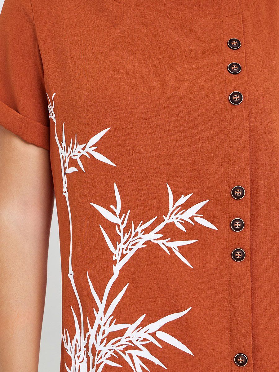 Women Rust Button-Detail Top with Bamboo Print