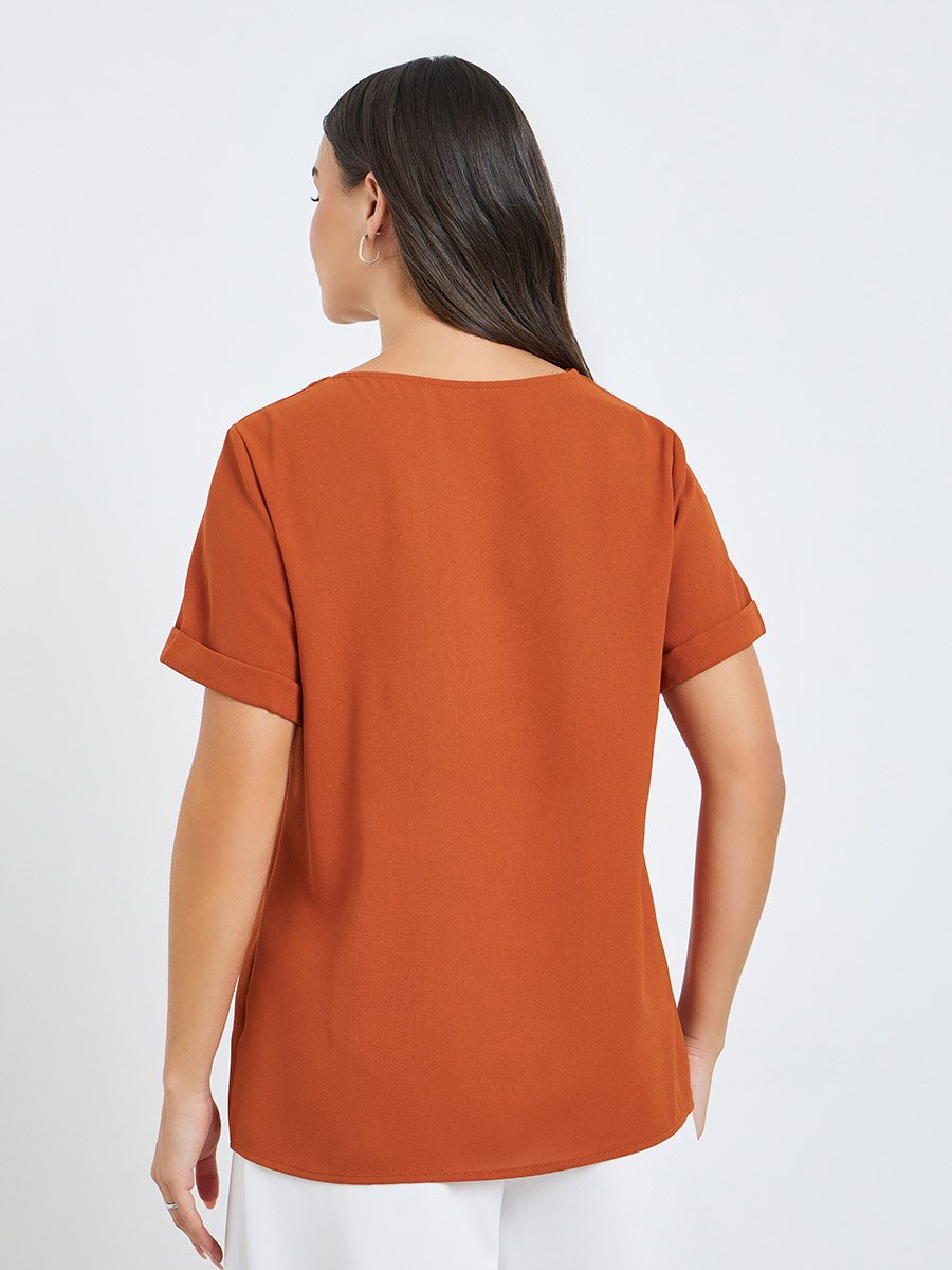 Women Rust Button-Detail Top with Bamboo Print