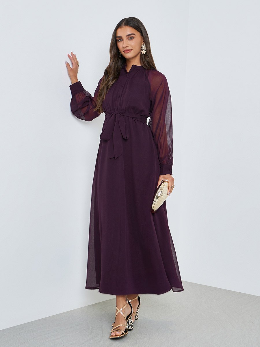 Purple A-Line Maxi Dress with Tie-Up Belt