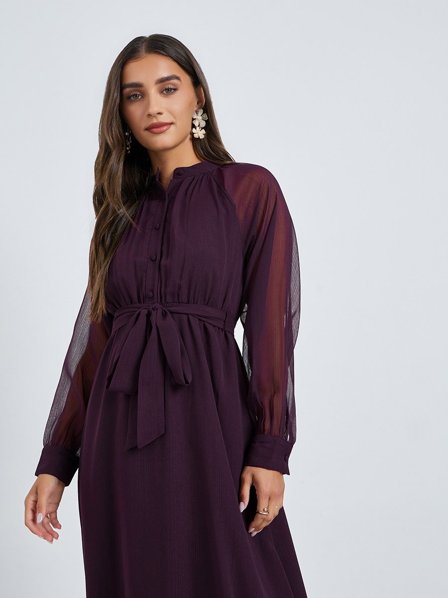 Purple A-Line Maxi Dress with Tie-Up Belt