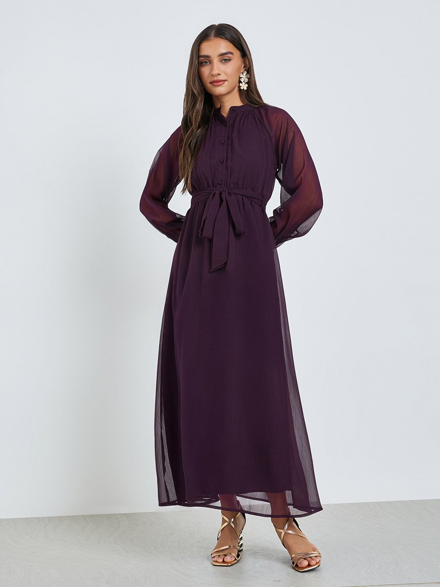 Purple A-Line Maxi Dress with Tie-Up Belt