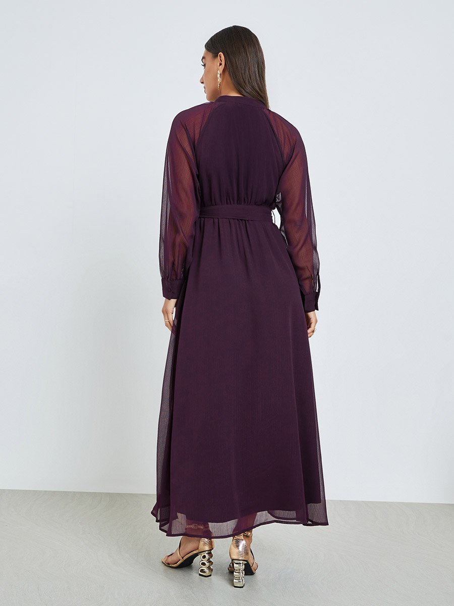 Purple A-Line Maxi Dress with Tie-Up Belt