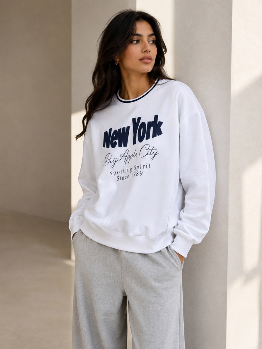 New York Big Apple Contrast Rib Sweatshirt - 100% Cotton Fleece