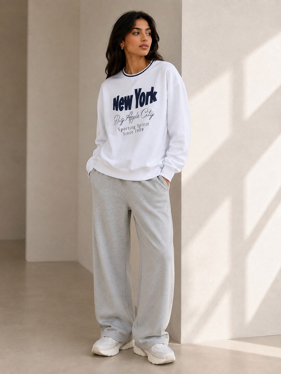 New York Big Apple Contrast Rib Sweatshirt - 100% Cotton Fleece