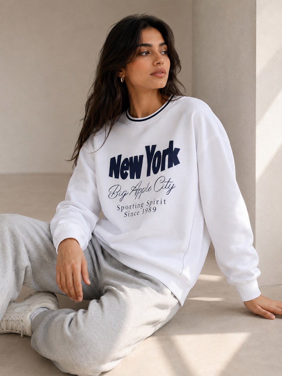 New York Big Apple Contrast Rib Sweatshirt - 100% Cotton Fleece