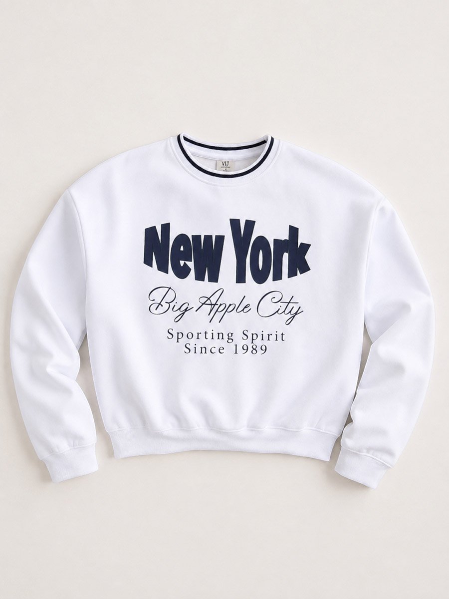 New York Big Apple Contrast Rib Sweatshirt - 100% Cotton Fleece