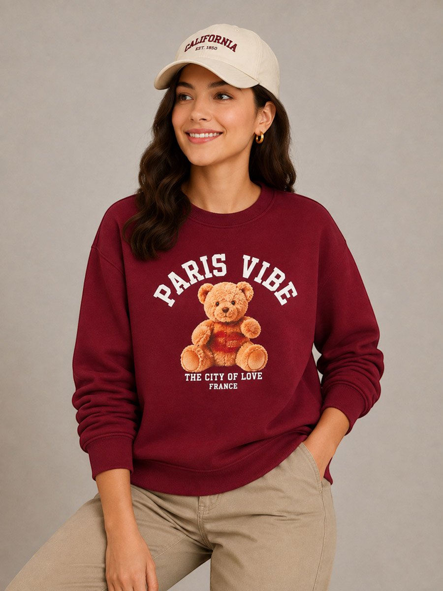 Paris Vibe Bear Graphic Sweatshirt - 100% Cotton Fleece