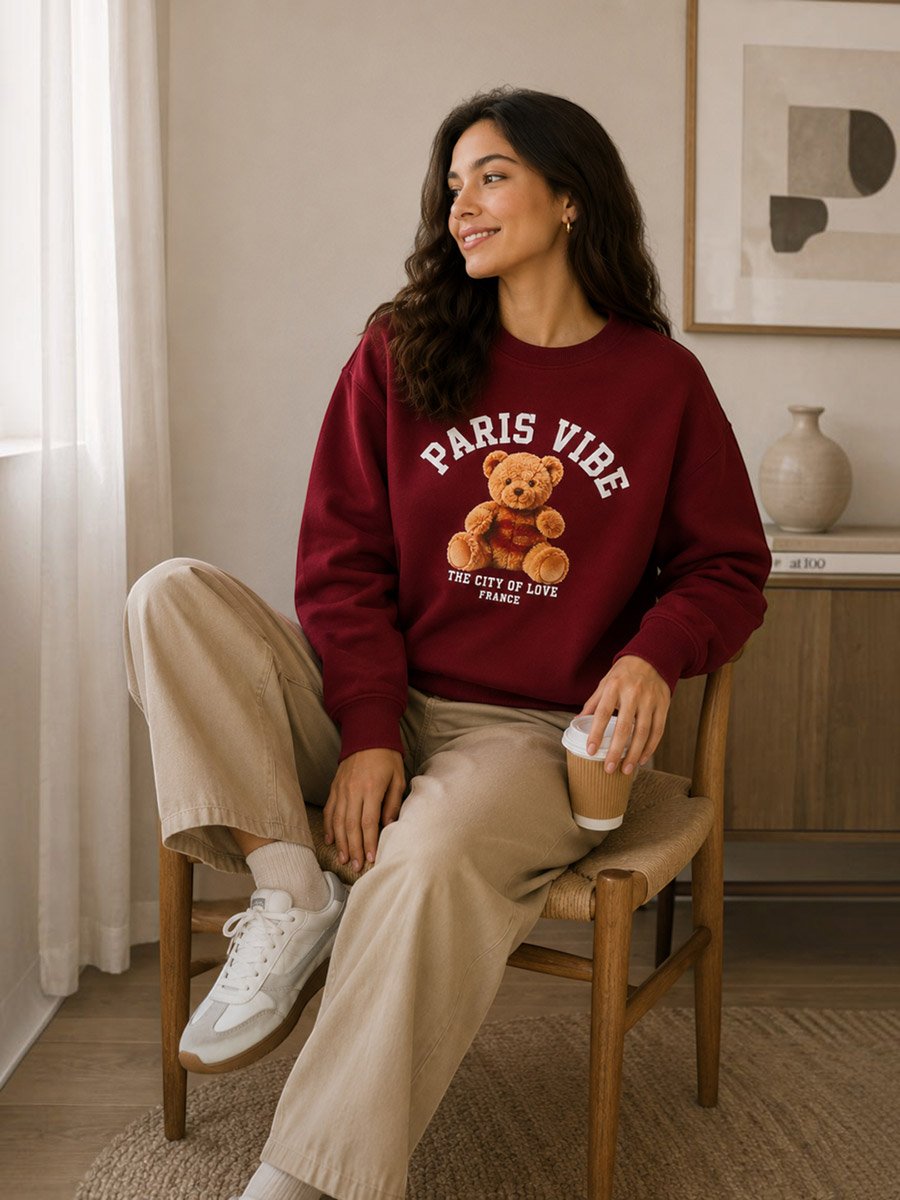 Paris Vibe Bear Graphic Sweatshirt - 100% Cotton Fleece