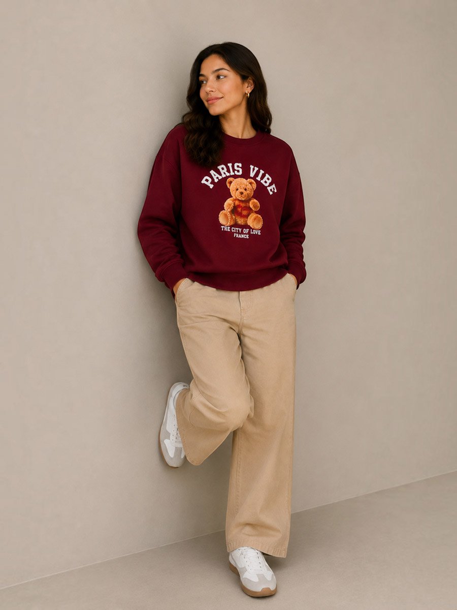 Paris Vibe Bear Graphic Sweatshirt - 100% Cotton Fleece