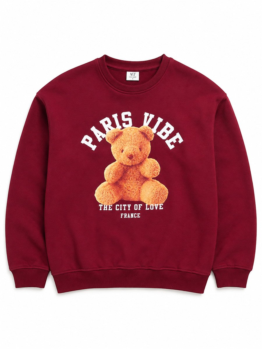 Paris Vibe Bear Graphic Sweatshirt - 100% Cotton Fleece