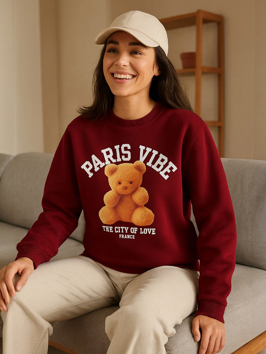 Paris Vibe Bear Graphic Sweatshirt - 100% Cotton Fleece
