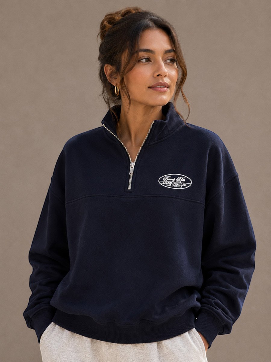 Navy Blue Quarter-Zip Sweatshirt - 100% Cotton Fleece