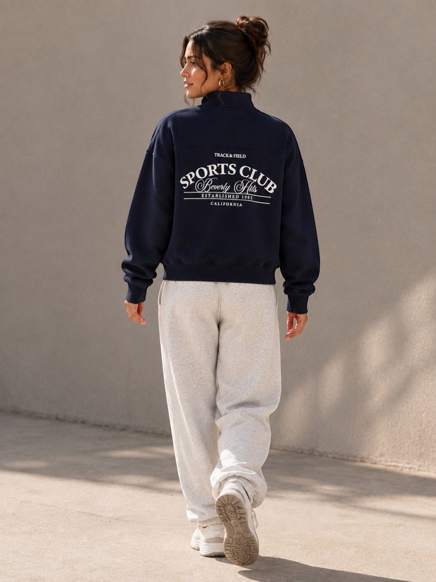 Navy Blue Quarter-Zip Sweatshirt - 100% Cotton Fleece