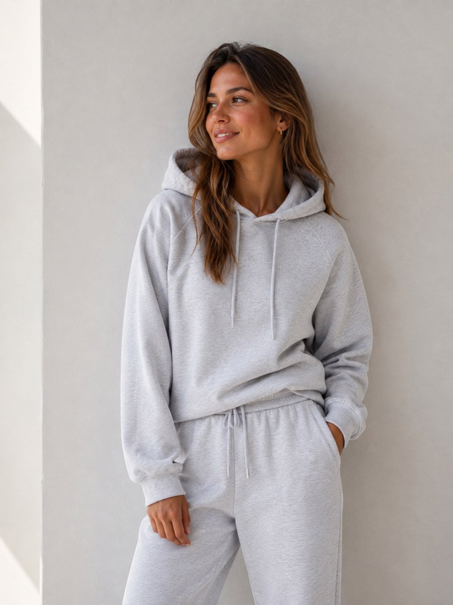 Grey Hoodie with Drawstring - 100% Cotton Fleece