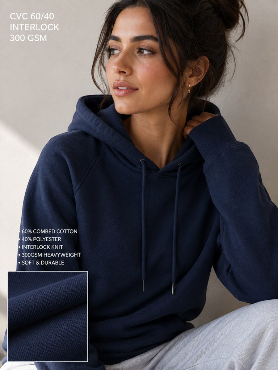 Navy Blue Hoodie with Drawstring - 100% Cotton Fleece