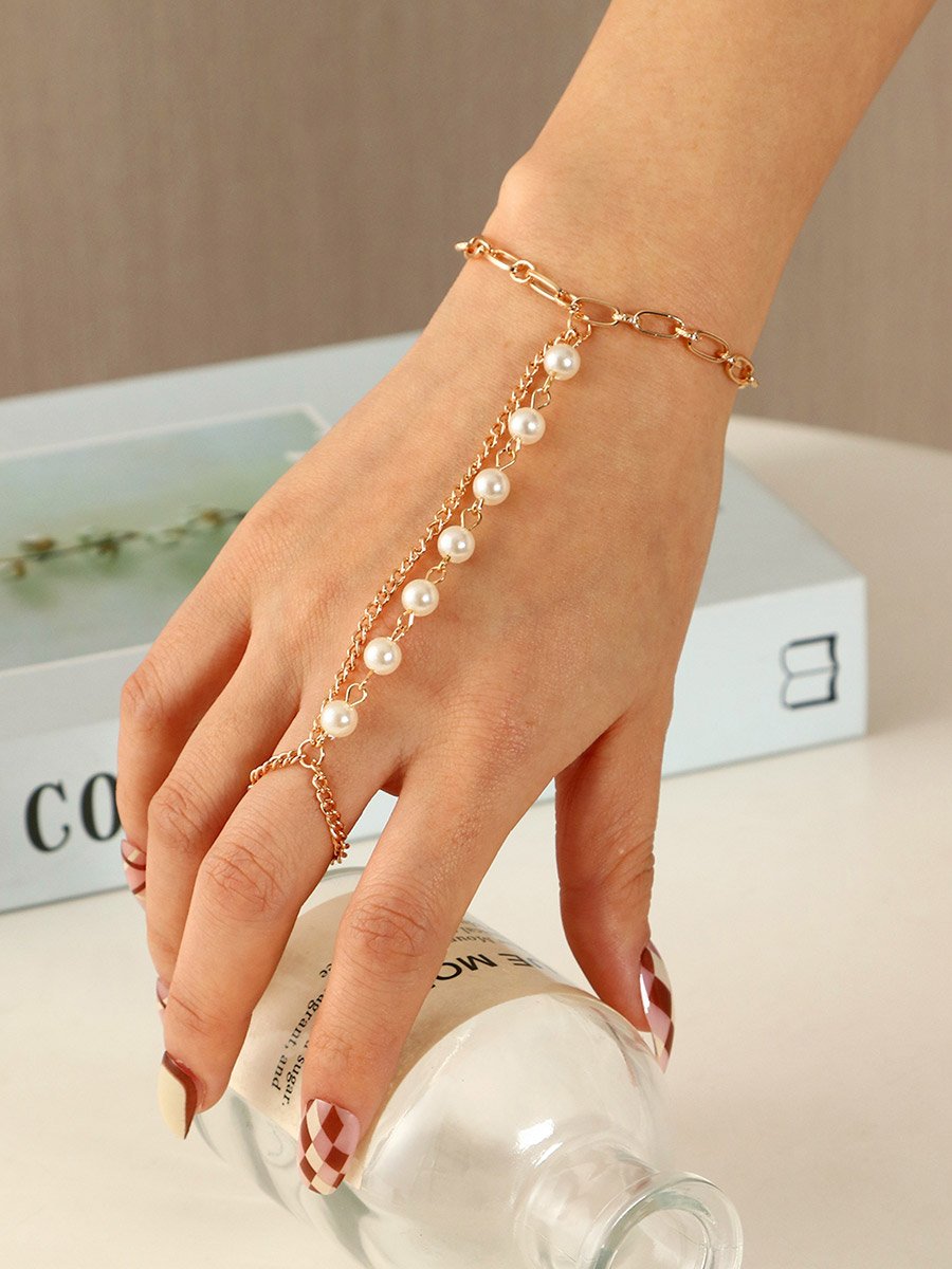 Faux Pearl Decor Hand Chain Ring Bracelets