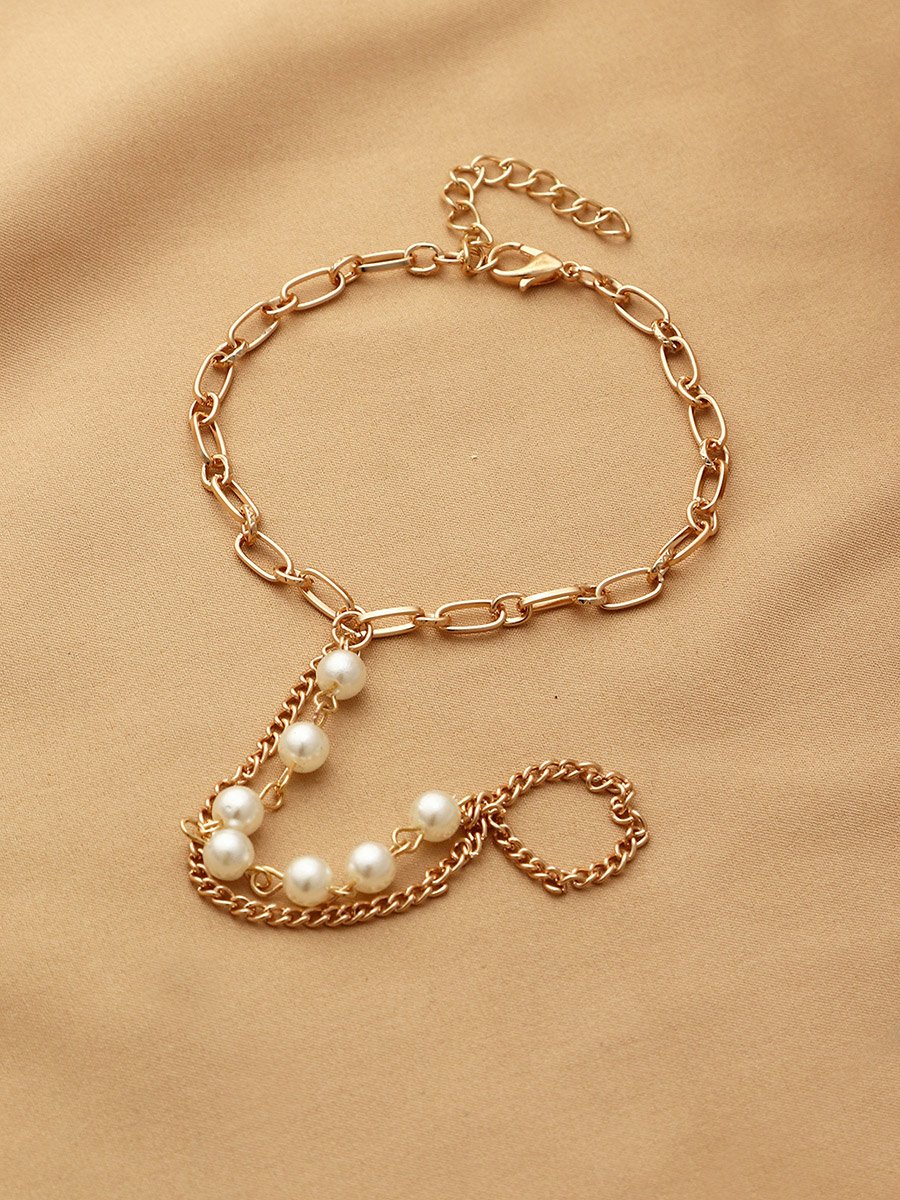 Faux Pearl Decor Hand Chain Ring Bracelets