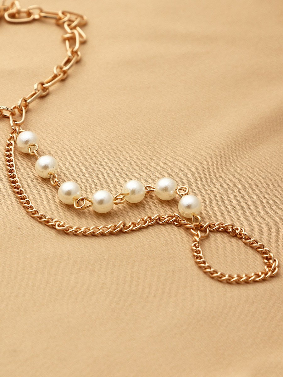 Faux Pearl Decor Hand Chain Ring Bracelets