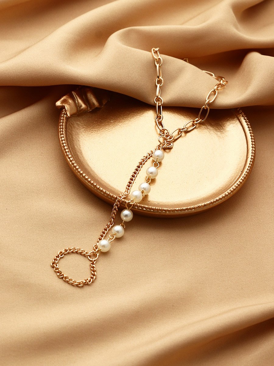 Faux Pearl Decor Hand Chain Ring Bracelets