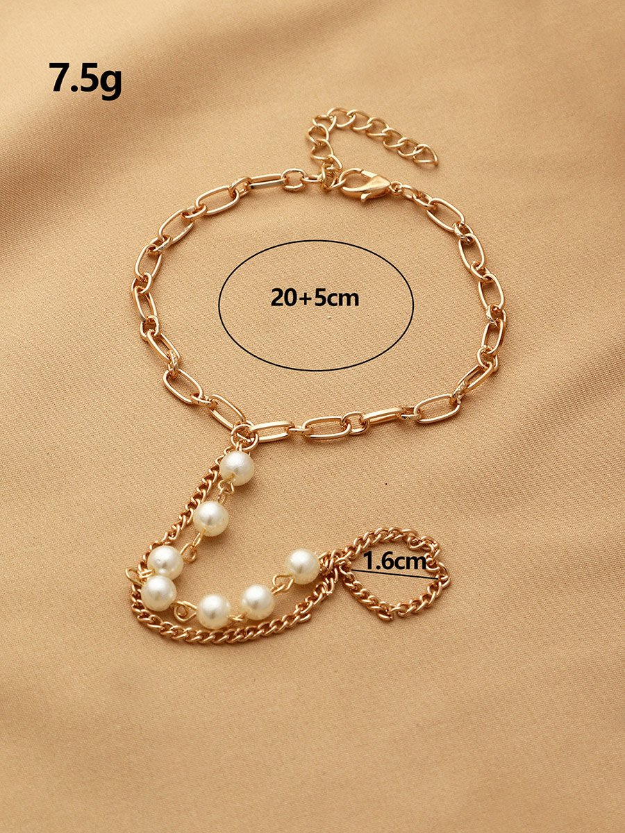 Faux Pearl Decor Hand Chain Ring Bracelets