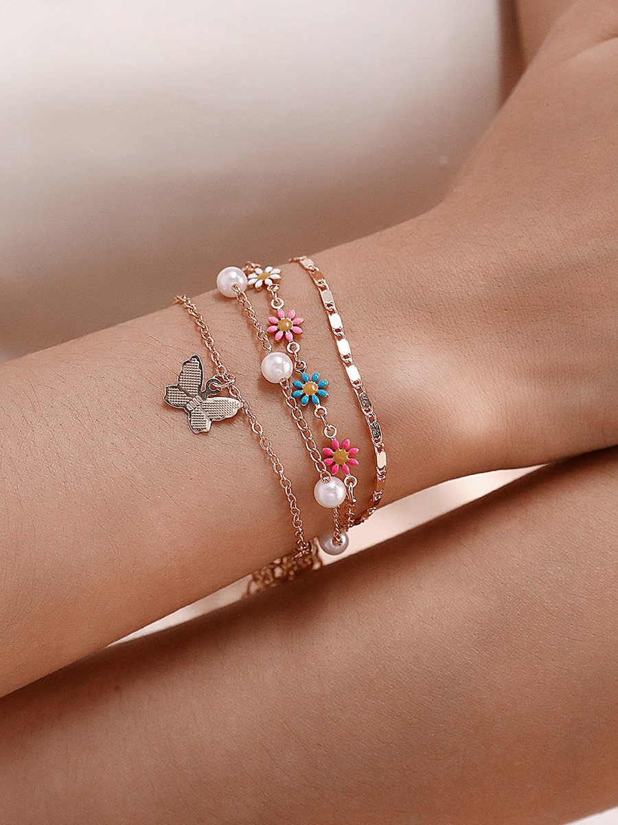 Set of 4 - Butterfly Pendant Flower Decor Bracelets
