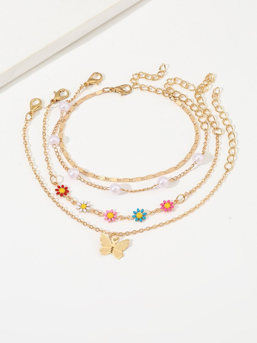 Set of 4 - Butterfly Pendant Flower Decor Bracelets