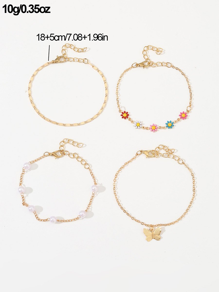 Set of 4 - Butterfly Pendant Flower Decor Bracelets