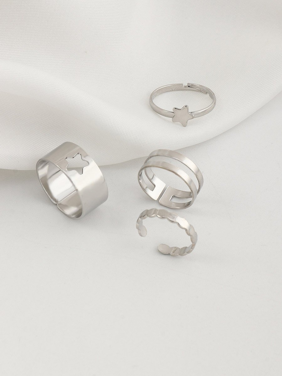 Set of 4 - Star Accent Hollow Cut Cuff Rings