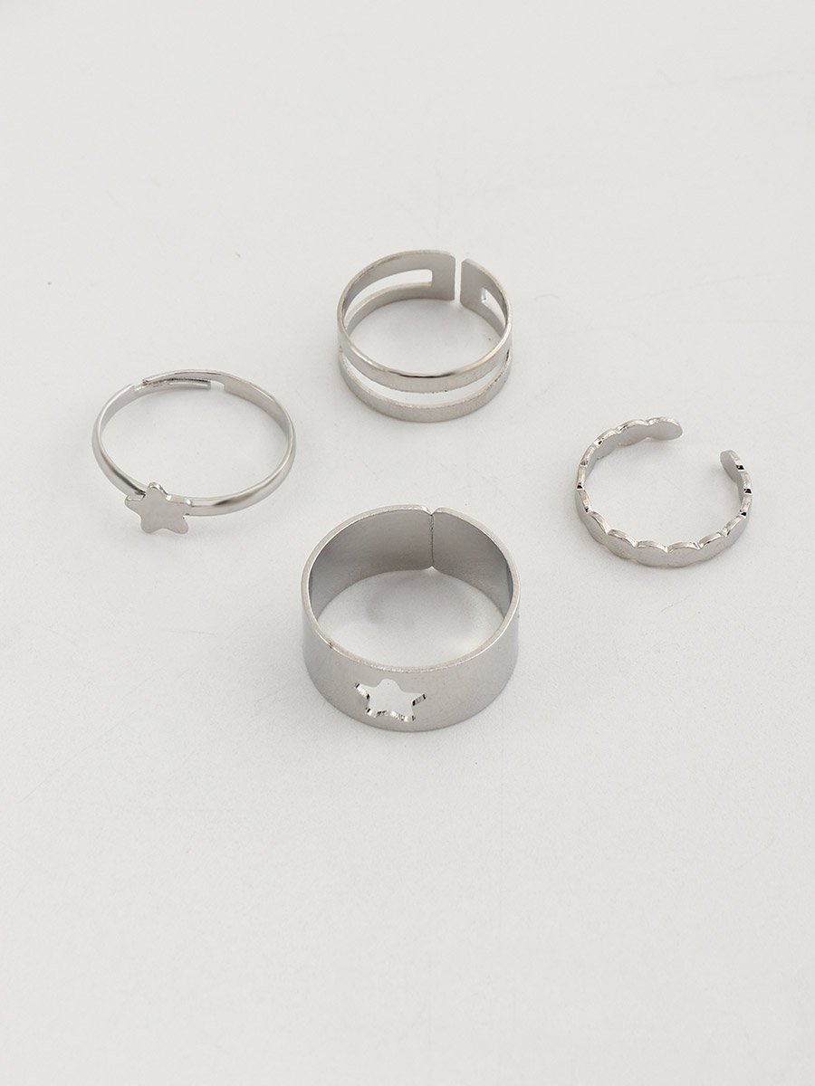 Set of 4 - Star Accent Hollow Cut Cuff Rings