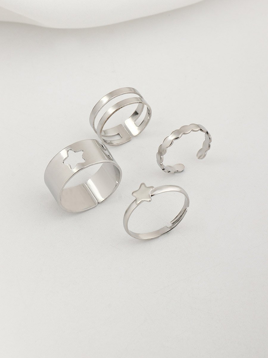 Set of 4 - Star Accent Hollow Cut Cuff Rings