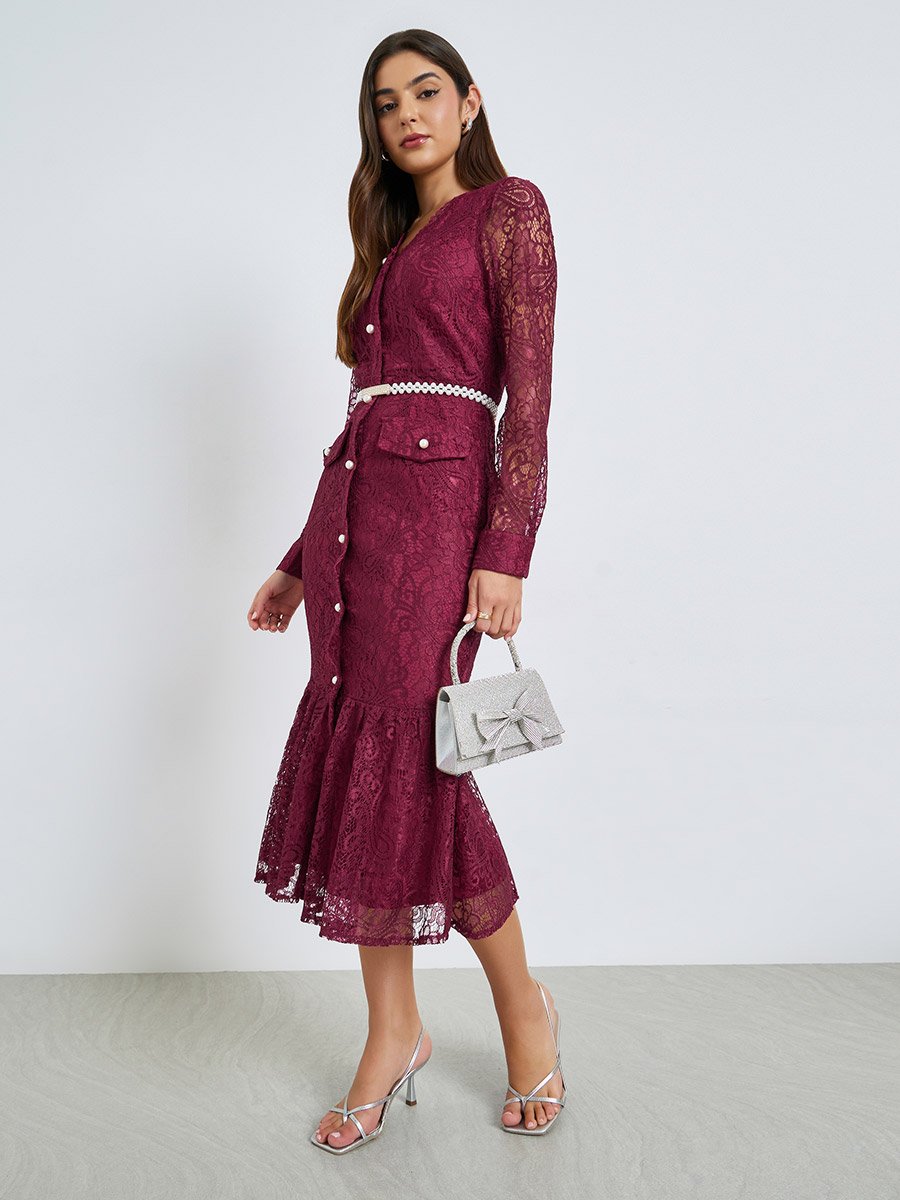 chinese dress ladies Burgundy Lace Sleeve Jersey Midi Dress main image 0