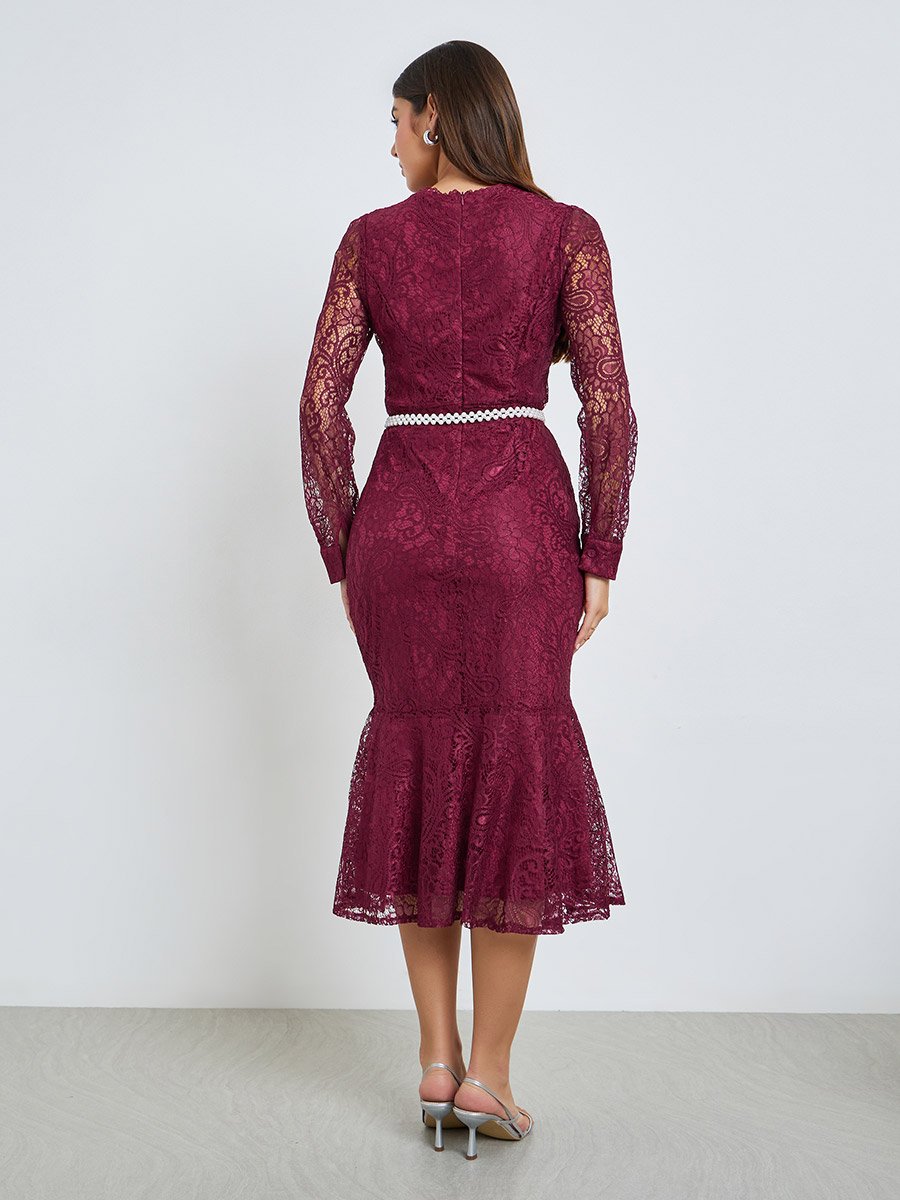 chinese dress ladies Burgundy Floral Lace Midi Dress  self-portrait-EU