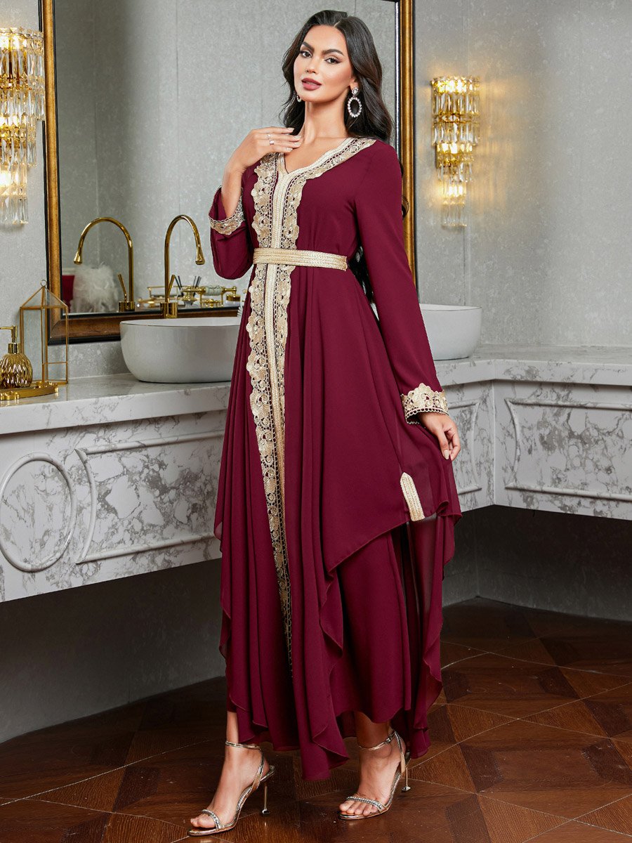Women Burgundy Golden Trim Patch Detail Jalabiya