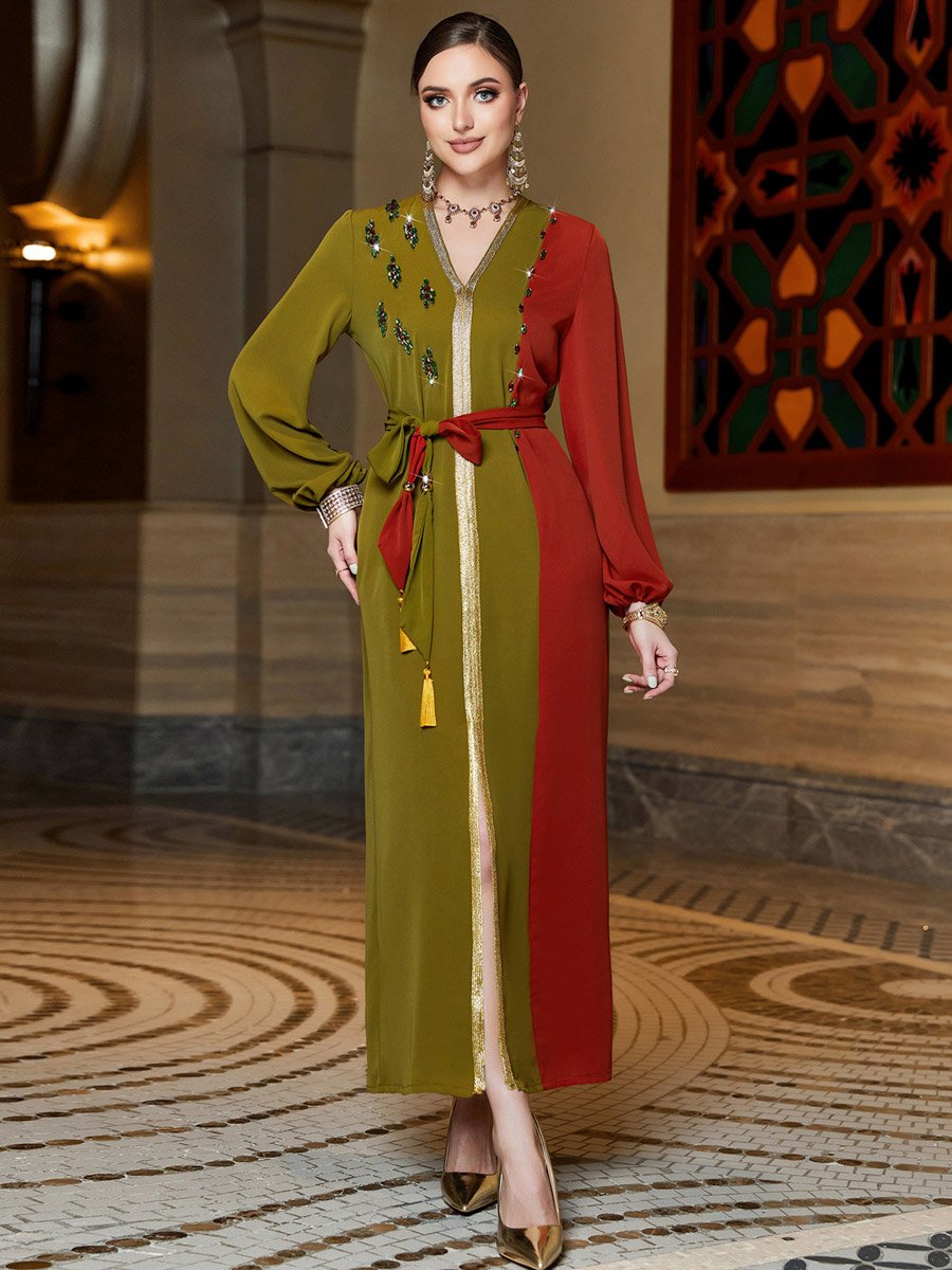 Women Color Block Rhinestone Embellished Jalabiya
