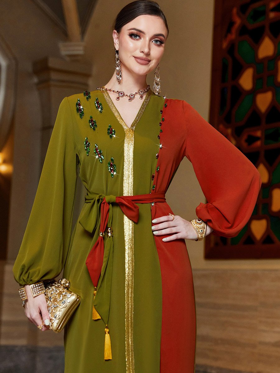 Women Color Block Rhinestone Embellished Jalabiya