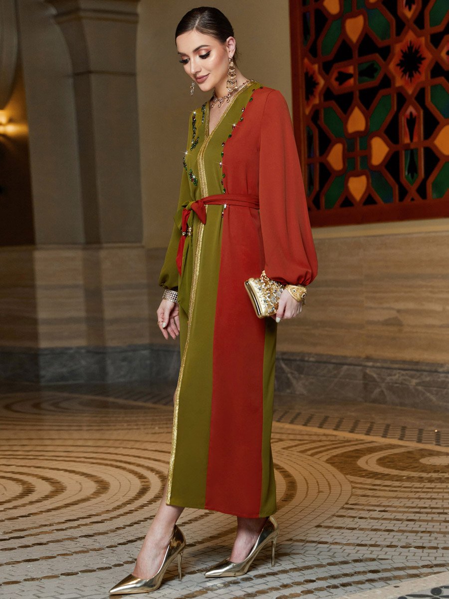Women Color Block Rhinestone Embellished Jalabiya