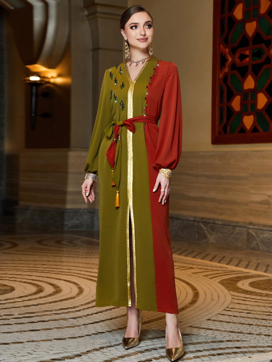 Women Color Block Rhinestone Embellished Jalabiya