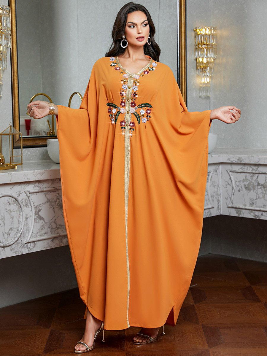 Women Orange Embroidered Rhinestone Jalabiya