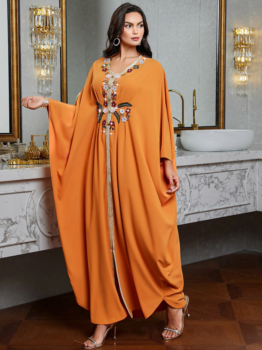Women Orange Embroidered Rhinestone Jalabiya