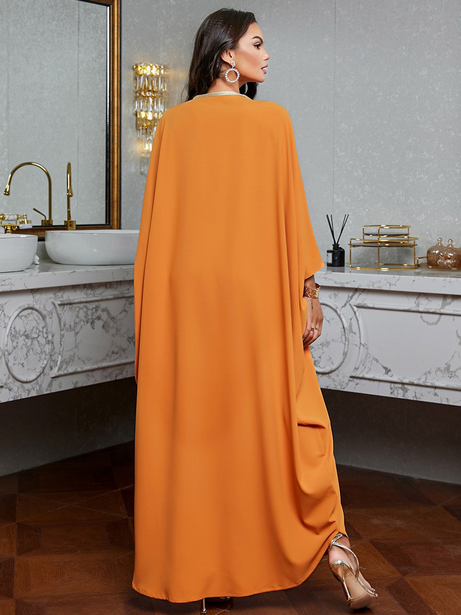 Women Orange Embroidered Rhinestone Jalabiya