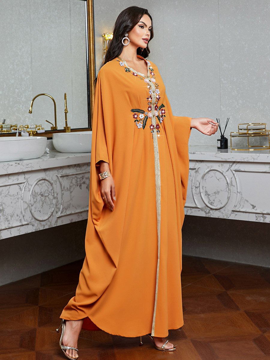 Women Orange Embroidered Rhinestone Jalabiya