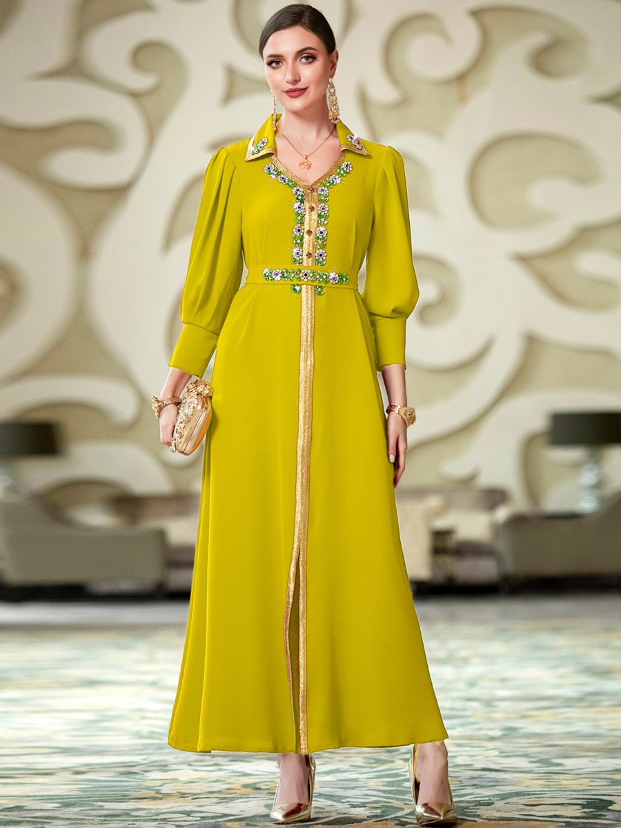 Women Yellow Embellished Open Collar Golden Trim Jalabiya