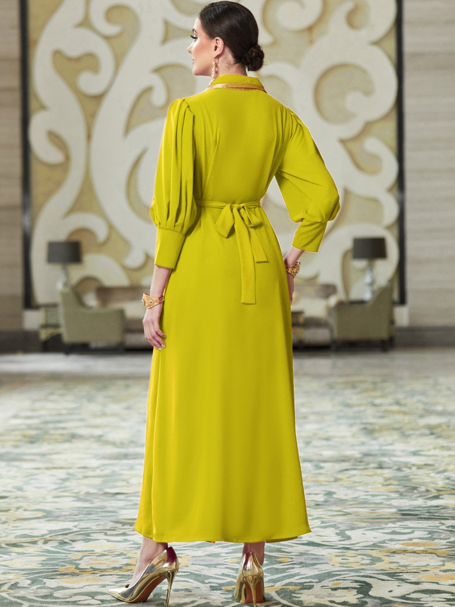 Women Yellow Embellished Open Collar Golden Trim Jalabiya