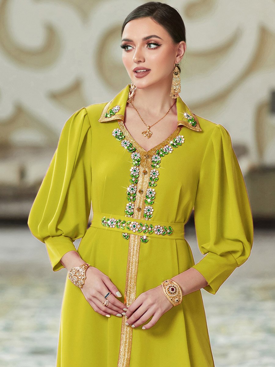 Women Yellow Embellished Open Collar Golden Trim Jalabiya