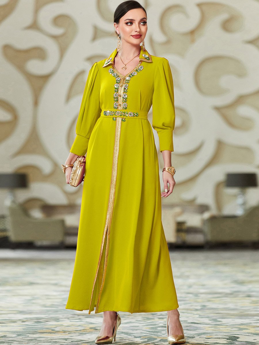 Women Yellow Embellished Open Collar Golden Trim Jalabiya