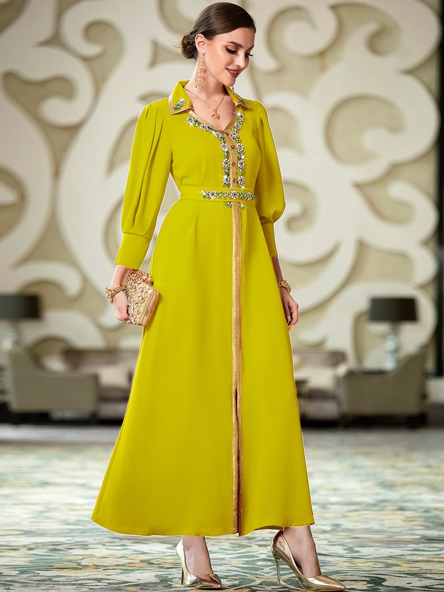 Women Yellow Embellished Open Collar Golden Trim Jalabiya