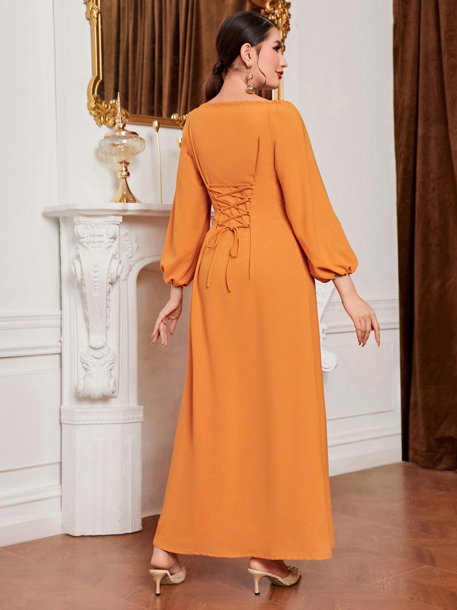 Women Orange Rhinestone Embellished Golden Trim Jalabiya