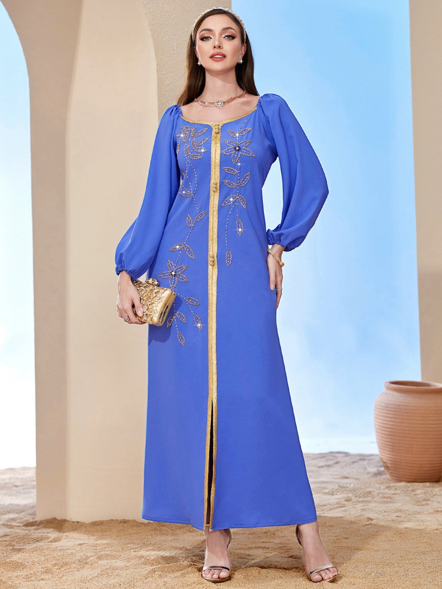 Women Blue Rhinestone Embellished Golden Trim Jalabiya